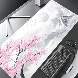 Japanese Cherry Blossom Snow Mountain Design Large Gaming Mouse Pad,Pink and White Aesthetic Desktop Protection Pad,Washable Rubber Pad Non-Slip Lock Edge Multi-Size Mouse Pad Suitable for Home Office,Good Gift for Family and Friends, Desk Accessories