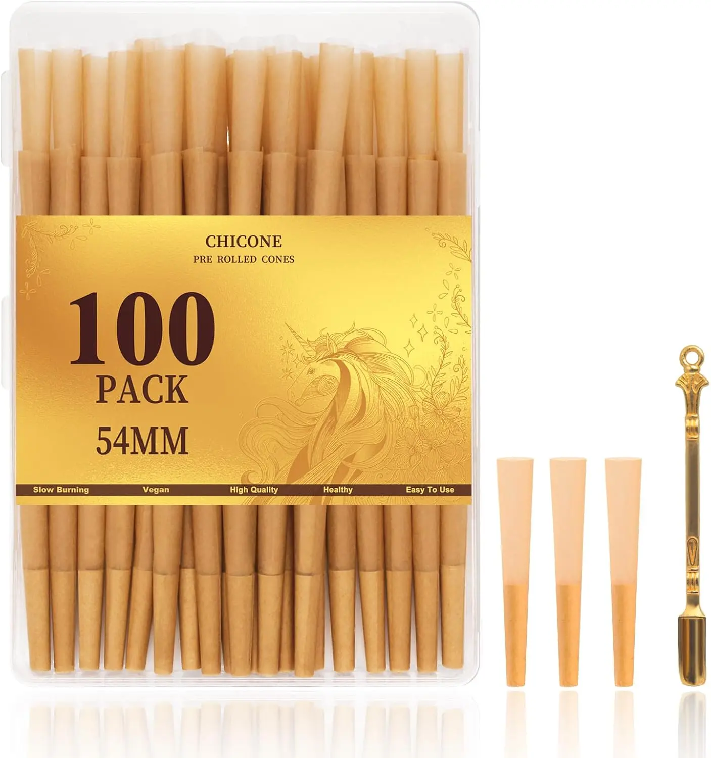 Mini Cones Rolling Papers 54/28mm Size Preroll 100 Rolling Papers Small Single Preroll to Enjoy a Quick Sesh| with Filter Tips and Little Golden Spoon