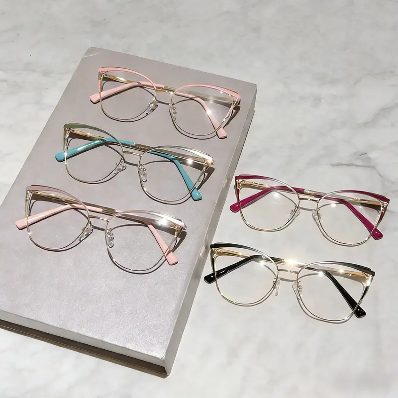 Unisex Aluminum Cat-Eye Metal Statement Frame Eyeglasses - Eye Fashion Accessory, Anti-Blue Lenses, Sleek Plain Front, Lightweight Comfort, Color-True for Phone/Gaming, Daily Commutes & Everyday Use