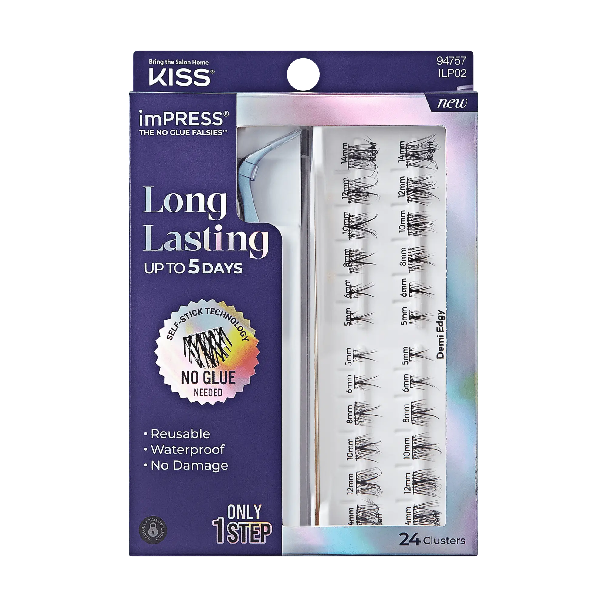 Impress Falsies Long Lasting Pre-Glued False Eyelashes Starter Kit - Demi Edgy | 24 Lash Clusters, With Applicator, Up To 5 Day Wear, 5mm-14mm
