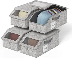Grey Stackable Baseball Cap Storage Box with Lid - Large Closet Organizer, Holds Up to 24 Caps, Clear Window, Cardboard Support, Foldable for Men & Women (Home Supplies Storage Bin)