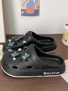 Summer Detachable Beach Indoor Eva Hole Shoes, Cute Blue Crystal Butterfly Height Increasing Thick Sole Slipper for Women