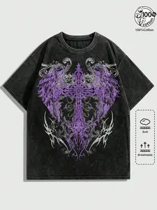 Unisex 100% Cotton Washed Vintage Gothic Winged Cross Print Oversized T-Shirt | Y2K Dark Aesthetic High Street American Retro Streetwear Top