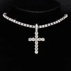 Y2k 2025 Hip Hop Luxury Rhinestone Cross Necklace Unisex Cuban Link Chain Street Punk Style Accessories with Gift Box for Casual Wear