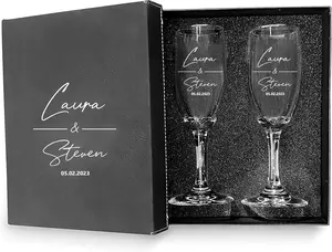 Champagne Flutes Set of 2 Personalized 8 oz Engraved Wedding Toasting Glasses with Luxury Gift Box Customized for Couples Bridal Showers
