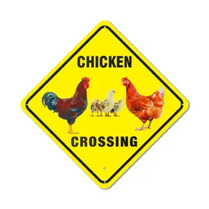 Chicken Crossing Metal Sign Outdoor Warning Sign Black on Yellow wall plaque decor, 8x8 inch street road metal sign, warning sign, caution sign