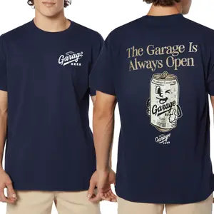 Garage Beer T-Shirt with Vintage Can Graphic and “The Garage Is Always Open” Slogan, Retro Beer Logo 2 Sides Graphic Tee, Soft Cotton Blend Shirt, Casual Party Apparel for Men and Women, Gift for Beer Lovers