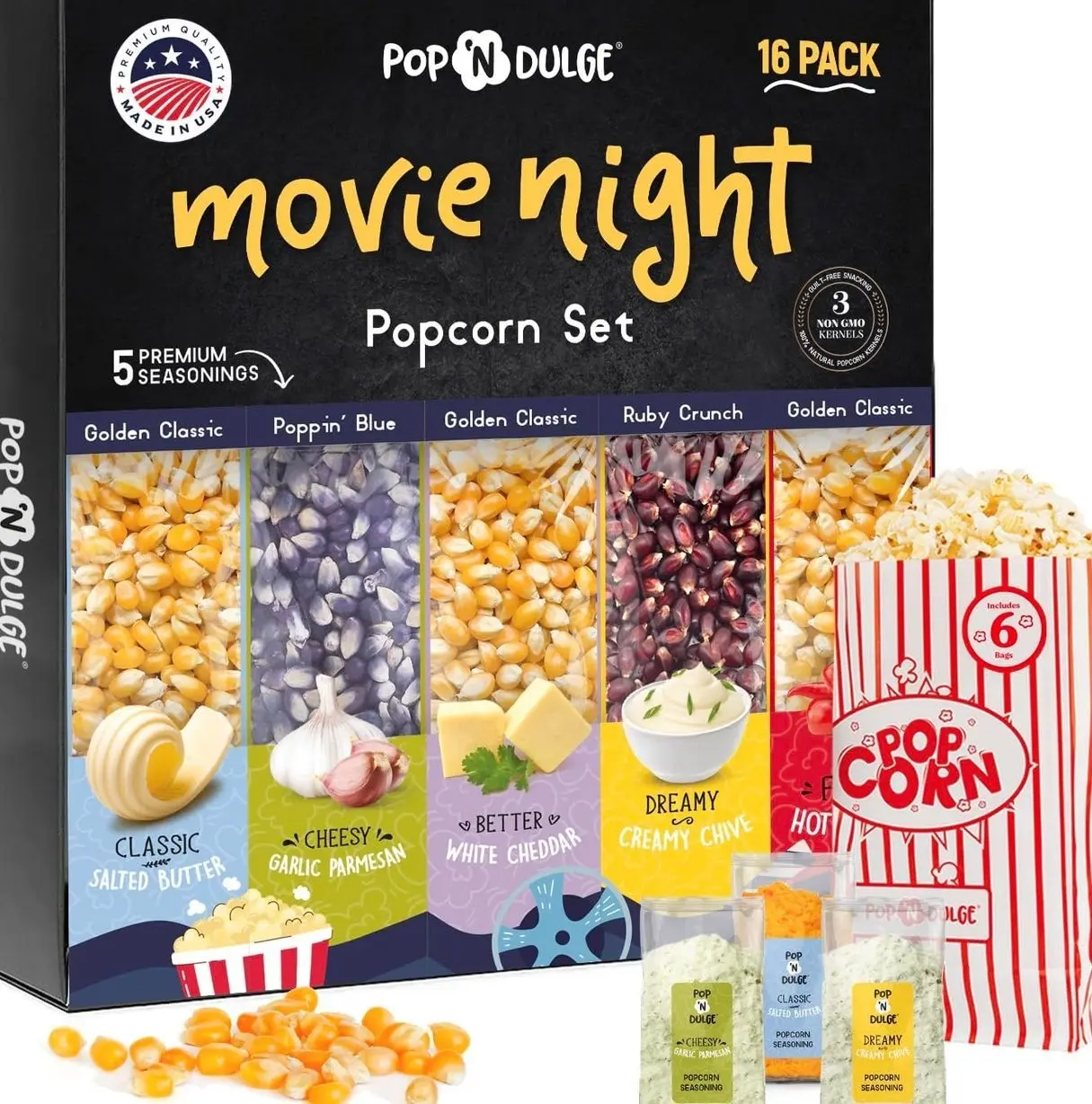 Pop n' Dulge Popcorn Movie Night Supplies 16 pcs Gift Set, 5 Gourmet Popcorn Kernels, 5 Seasoning Variety Packs Non-GMO Kosher Snacks, Great Housewarming Family Date Night Gifts Basket Ideas For Him Her