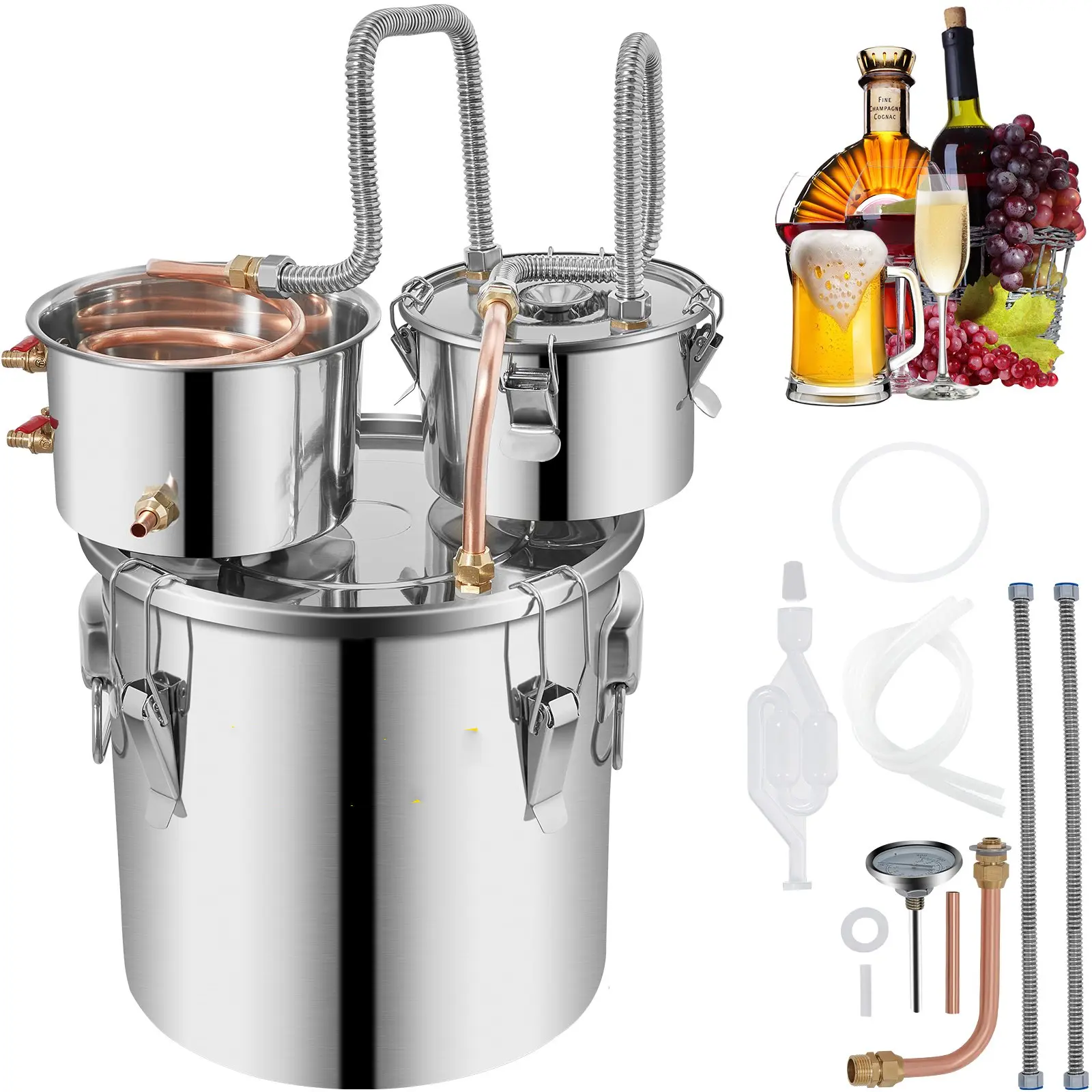 5 Gallon Alcohol Still Double Thumper Keg Stainless Steel Distiller with Copper Tube Thermometer Water Pump for DIY Whiskey Wine Brandy