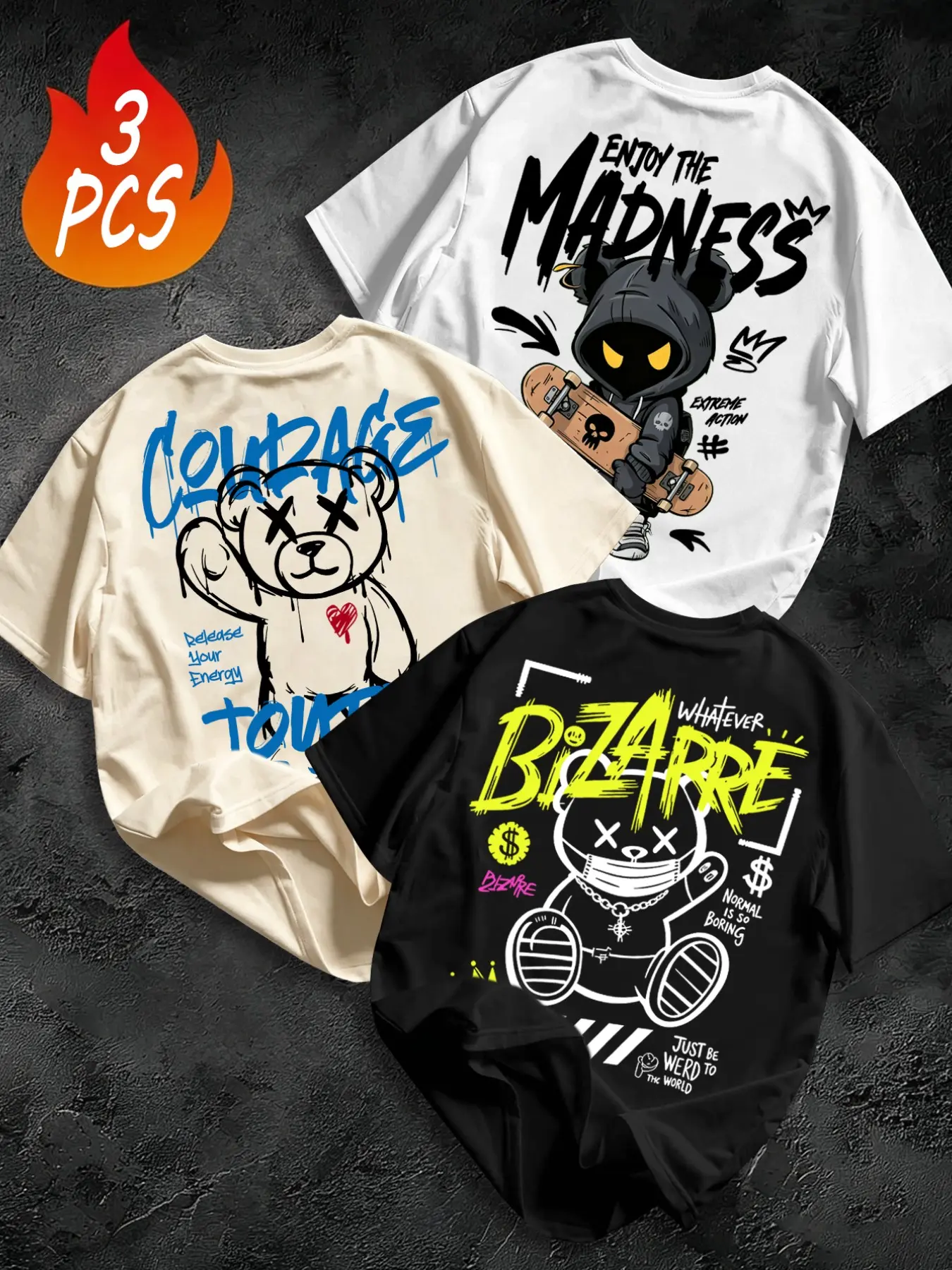 Men's Summer Tropical Bear Print 3-Piece Set, Round Neck Casual Comfortable Breathable Top T-Shirts, Trendy Streetwear Fashion for Street and Outdoor Activities
