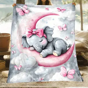 1pc Cute Elephant Moon Print Flannel Throw Blanket Lightweight Soft Warm All-Season for Sofa Bed Travel Camping 3 Sizes 31x47in 50x60in 60x80in Digital Printing Fleece with Adorable Butterflies Design