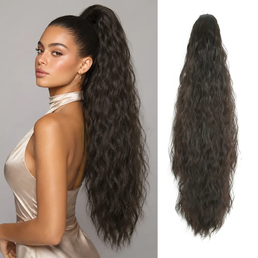 Drawstring Ponytail for Women, 26 inch Dark Brown Ponytail Extension, Long Wavy Pony Tails Hair Extensions, Synthetic Hair Extensions Ponytail for Daily Use (Color: Dark Brown)