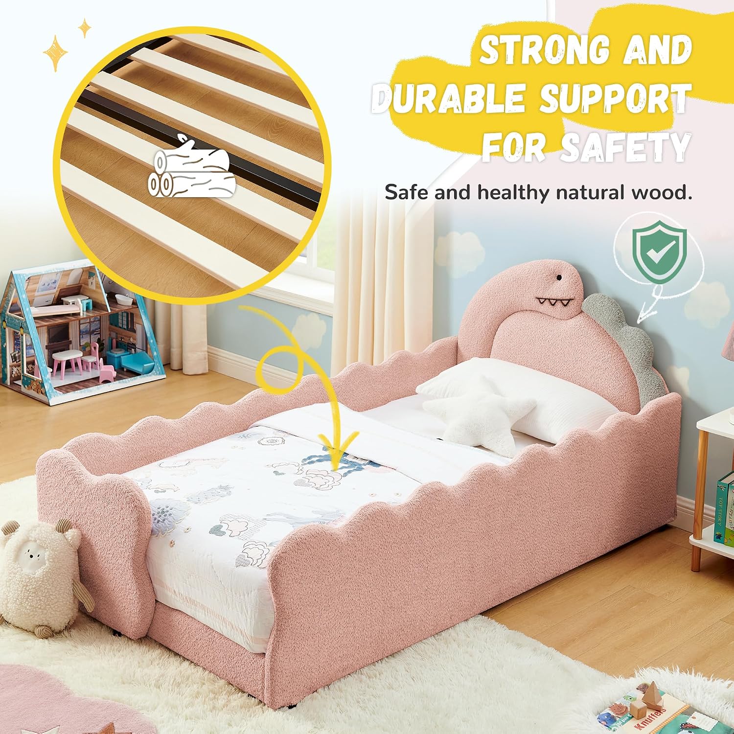 Twin Size Kids Daybed with Dinosaur-Shaped Headboard, Upholstered Boucle Fabric Bed with Safety Guardraild, Cute Kids Daybed for Girls Boys, Pink Twin Size Kids Daybed with Dinosaur-Shaped Headboard, Upholstered Boucle Fabric Bed with Safety Guardraild, Cute Kids Daybed for Girls Boys, Pink