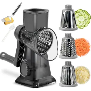 3 in 1 manual vegetable cutter machine with stainless steel changeable blades rotary cheese grater kitchen tool potato slicer shredder nuts chocolate chopper transparent black