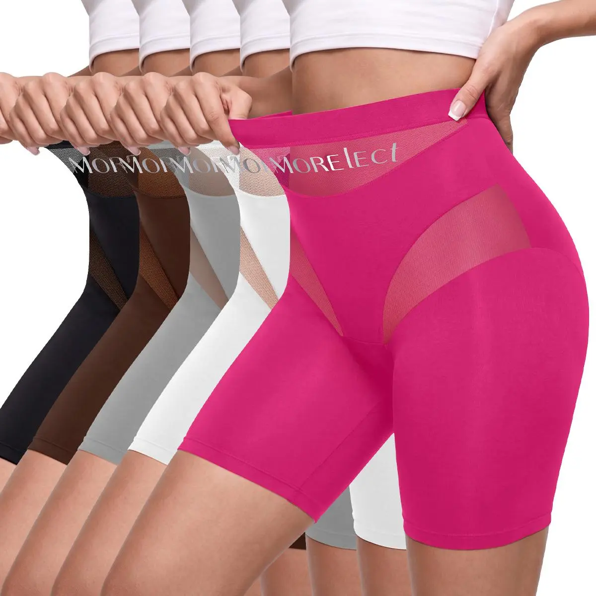 MORELECT Women’s High‑Waist Boyshort Underwear, 1/3/5 Pack, Soft Mesh Panel, Light Breathable Polyester Blend, Branded Waistband, All‑Day Snug Fit, Spring Summer Everyday Lingerie