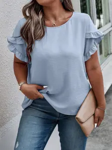 Women's Plus Size Light Blue Ruffle Short Sleeve Chiffon Top Blouse, Summer Loose Fit Slimming Round Neck Casual Office Wear, Elegant Shirt Lightweight