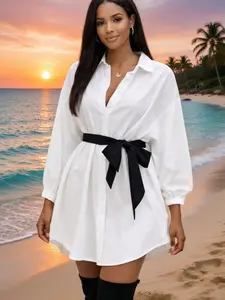 Button Front Shirt Dress with Waist Belt, Fashion Casual Style Spring, Women's Stylish Clothing for Daily Wear