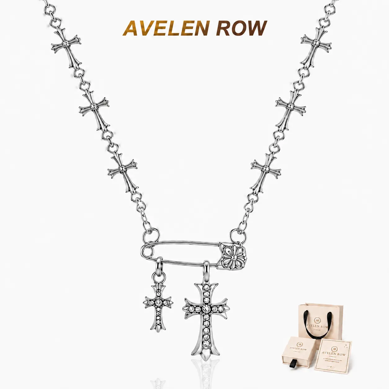 Women's Silver-Tone Adjustable Long Double Cross Layered Charm Pendant Necklace, Daily Wear Faith-Inspired Costume Jewelry Gift with Gift Box