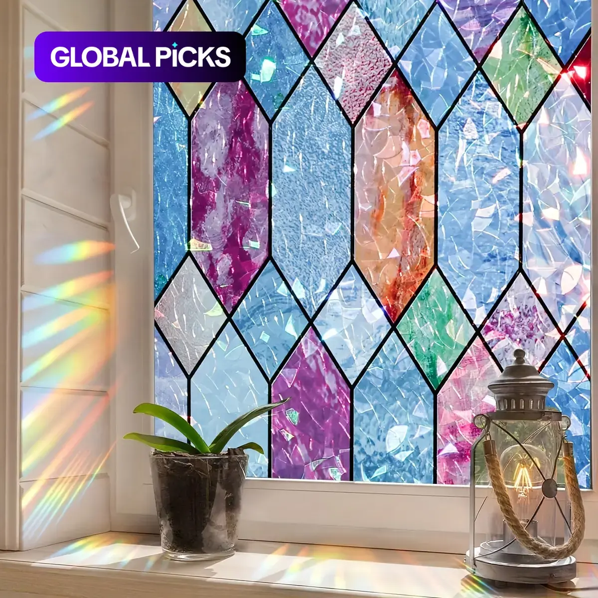 3D Rainbow Geometric Lantern Window Sticker, Removable UV-Blocking Static Cling Glass Privacy Film, Decorative Decal for Doors & Windows, Geometric Pattern Sticker, Window Privacy Films #GLOBAL PICKS