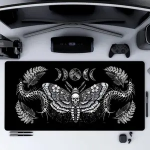 Gothic Moth Mouse Pad with Skull and Moon Phases, Large Gaming Desk Mat Dark Occult Aesthetic for Alternative Office Decor Witchcore Pad