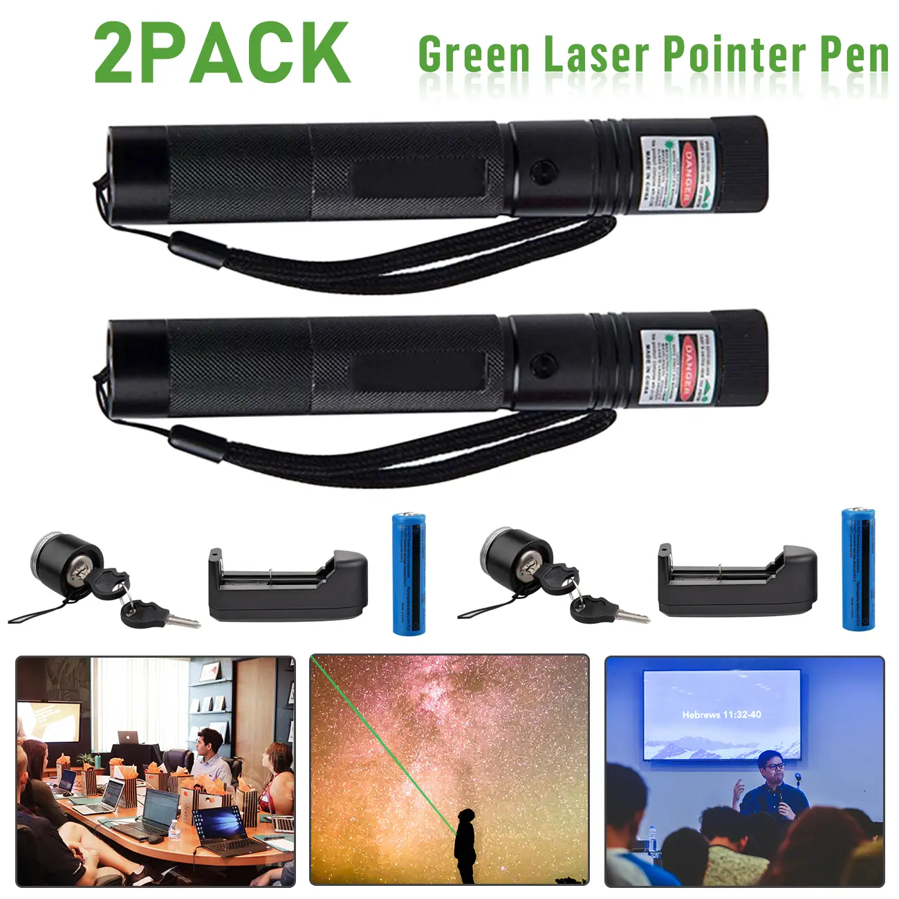 2-Pack Rechargeable Green Laser Pointer Pens, 532nm Visible Green Beam, with Safety Lock, Batteries & Chargers, for Astronomy, Presentations