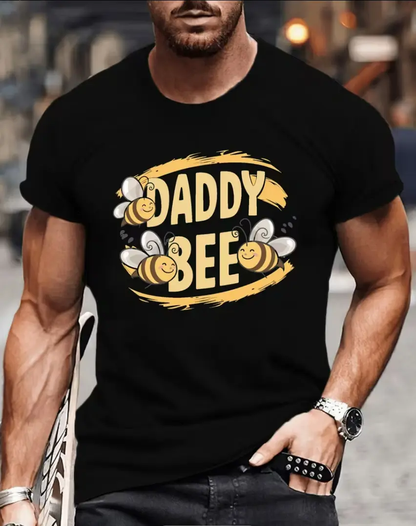 Men's Casual Crew Neck T-Shirt with "Daddy Bee" Illustration Print, 100% Polyester Knit Fabric, Geometric Pattern, Regular Fit for Summer