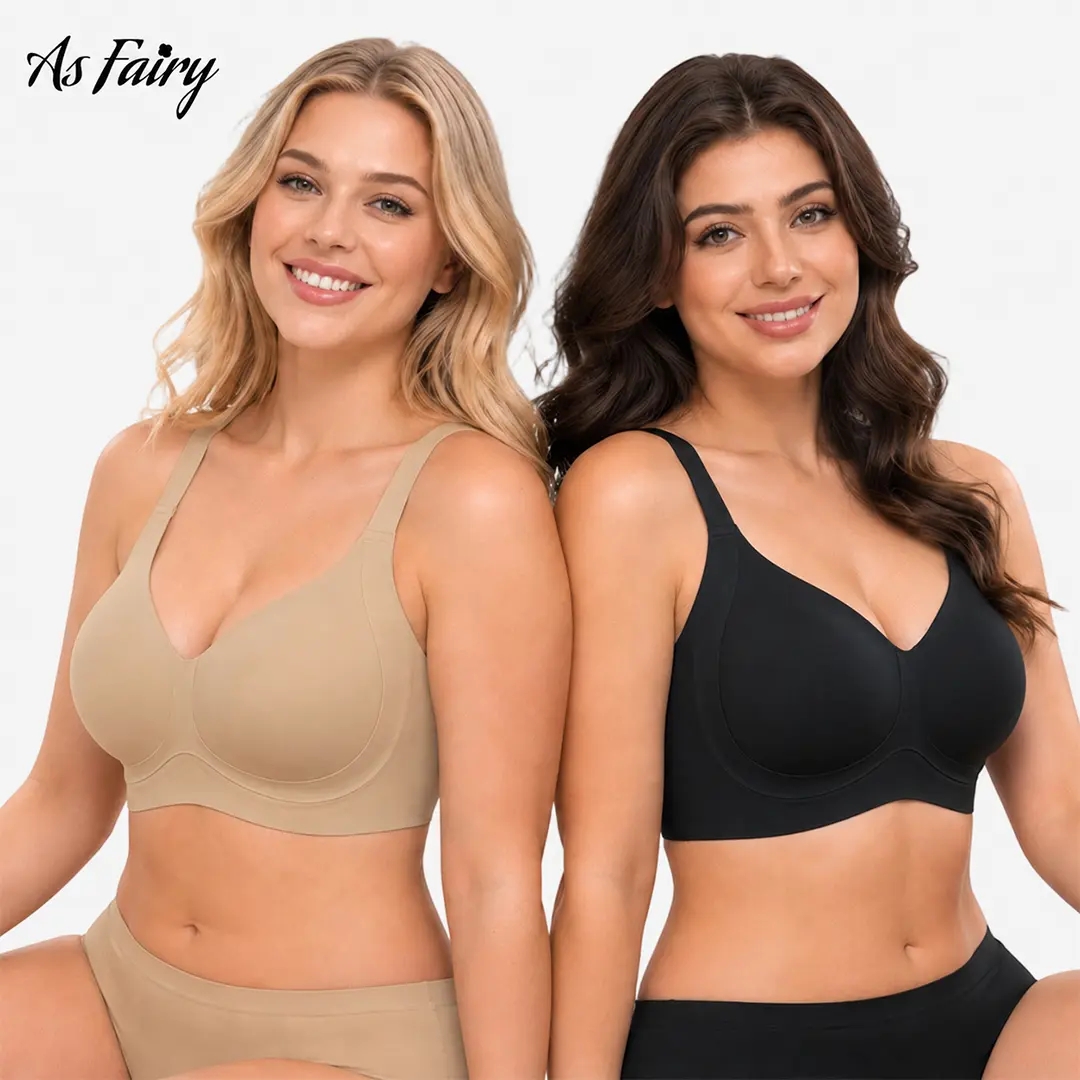 As Fairy Women's Plus Size Nylon-Spandex Seamless T-Shirt Bra - Wireless Push-Up with Crescent Lift, Full Coverage, Side Smoothing, Convertible Adjustable Crisscross Straps, Anti-Sag Invisible Breast Support, V-Neck, Large Bust Solutions Everyday Bra