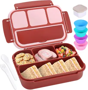 4-Compartment Lunch Box with Lid – 40oz/5 Cup, Utensils, Sauce Jar, Muffin Liners, Leak-Resistant Meal Prep Container for Adults (Retro Red)
