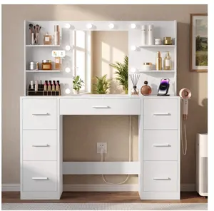 Vanity Desk with Mirror and LED Lights, Makeup Vanity with 7 Drawers & 4 Shelves, Vanity Table with Power Outlet for Bedroom Dressing Room, White