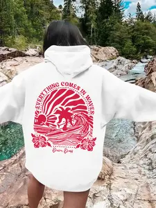 Women's Palm Tree Print Hoodie, Drawstring, Pockets, Casual Long Sleeve Loose Fit, Ideal for Spring & Winter, Comfortable Fashion Essential, Sweatshirts, Womenswear