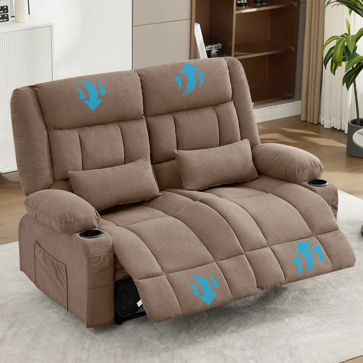 Manual Reclining Loveseat with Cup Holders, Side Pocket, and Ergonomic Design for Living Room – Brown