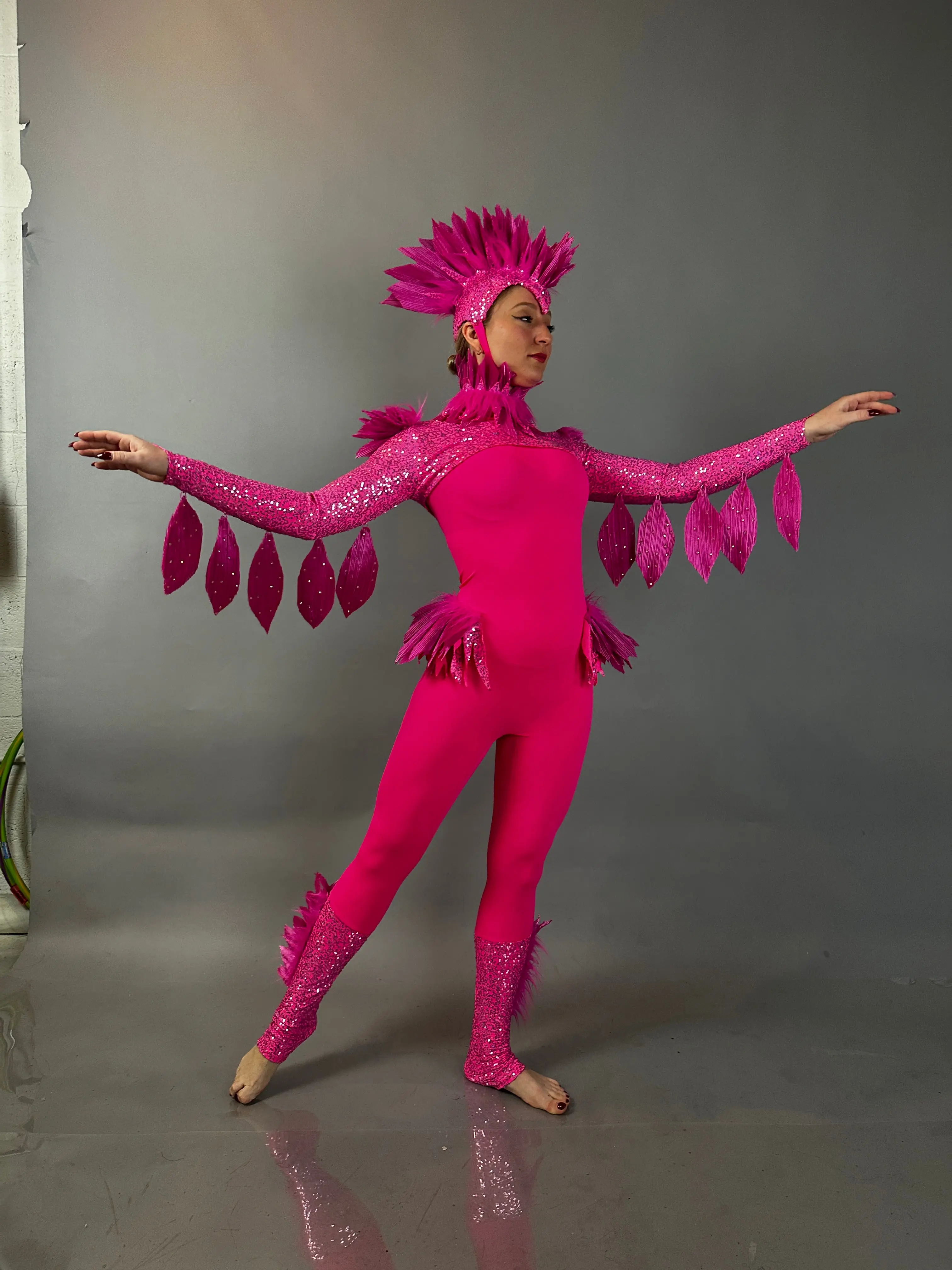 Women's Pink Feather Sequin-Wing Stretchy Spandex Bodysuit - Theatrical Costume, Aerial Gymnastics Dancewear, Garment with Zipper, Long Sleeves, Matching Accessories