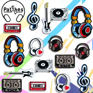 16-Piece Music Theme Embroidery Patches, Cartoon Guitar & Record Stickers, DIY Decorative Backpacks Shoes, Multicolor, Hand Embroidered