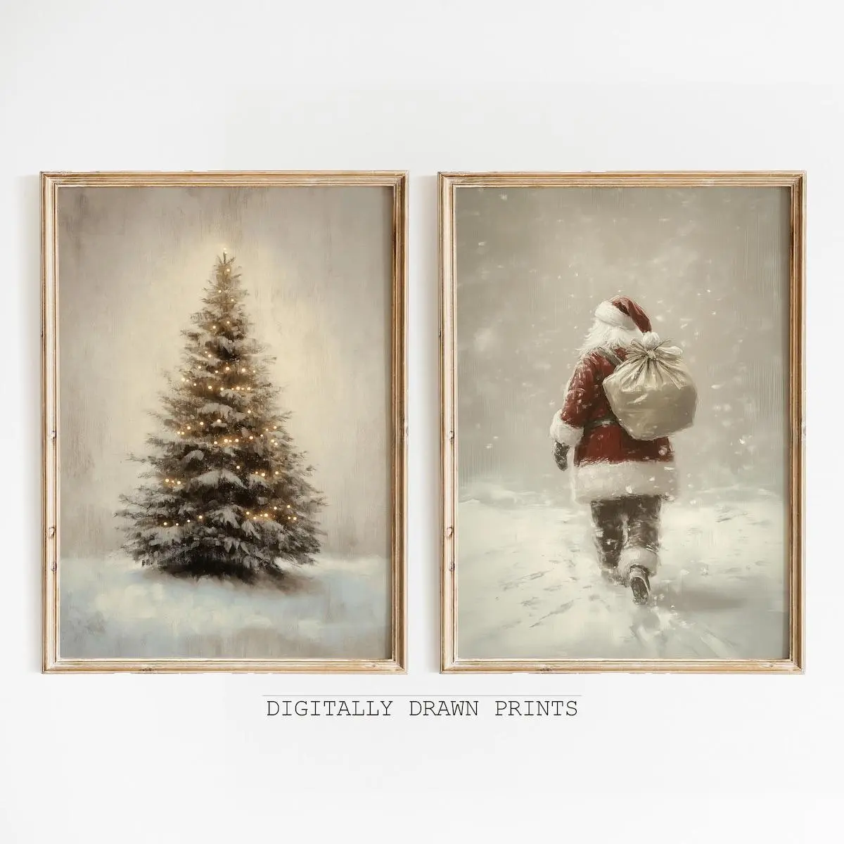 Room Decor, Christmas Prints Set, Vintage Christmas Wall Art, Unframed Neutral Set of 2 Farmhouse Christmas Decor Wall Art, Winter Holiday Printings – 5 size 8x12 to 27x40 inch