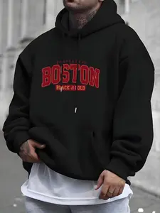 【Plus Size】 Letter Print Pocket Graphic Hoodie And Sweatshirt, Casual Regular Fit Long Sleeve Hooded Sweatshirt for Fall & Winter, Men's Plus Size Sportswear for Outdoor Activities, Menswear