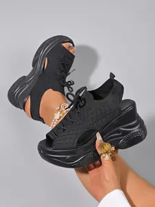 Knit Chunky Sole Dad Sneakers, Casual Style, Open Toe, Lace-Up Detail, Less Than Ankle Height, Summer Fashion