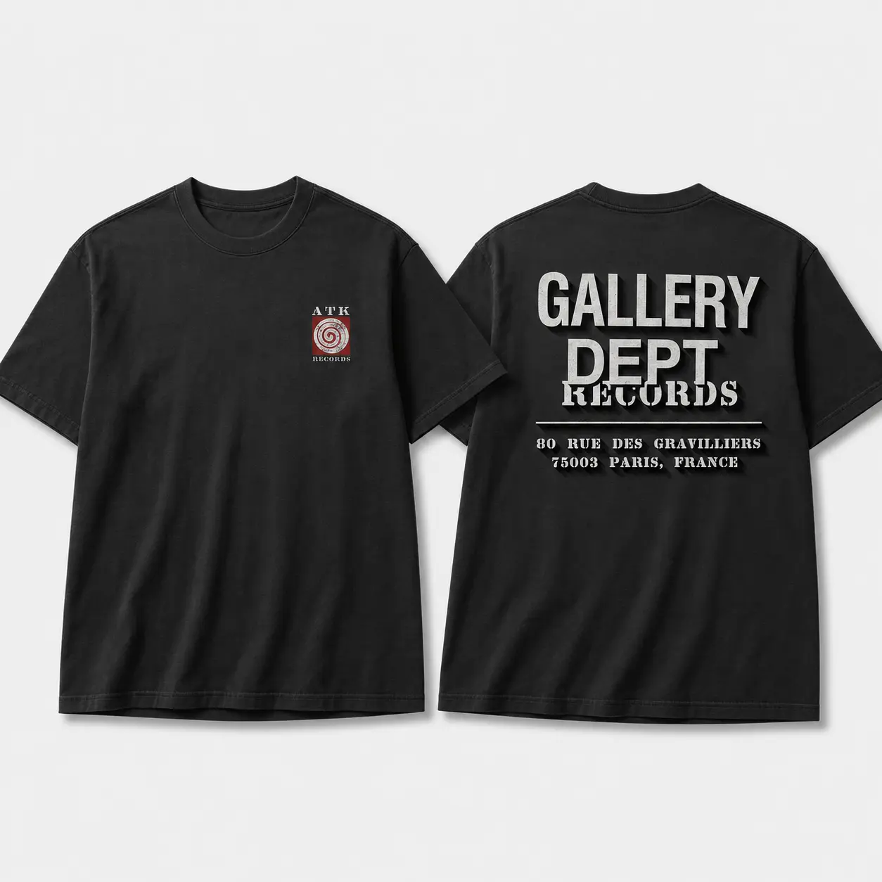 Gallery Dept Art That Kills Records T-Shirt, ATK Spiral Chest Graphic, Oversized Back Print Streetwear Tee