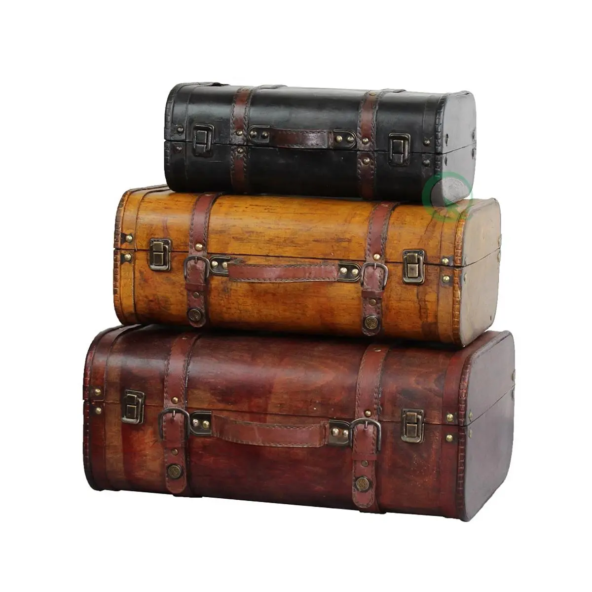 Handcrafted Antique Vintage Luggage Set - 3 Brown Steamer Trunks & Suitcases, Room Organiser Treasure Chest for Travel Storage, Decor, Boxes, Synthetic, Vintage Travel, 11 Lbs, Decorative, Room Decor, Treasure Chests, Rectangle, Room Organizer