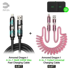 [Buy 1 Get 1 Free]mfish Universal 4-in-1 Multi USB Charging Cable – USB A, Type C, Lightning Connectors – MAX 240W Fast Charging & Data Sync for iPhone, Samsung and Efficient Electronic Smartphones