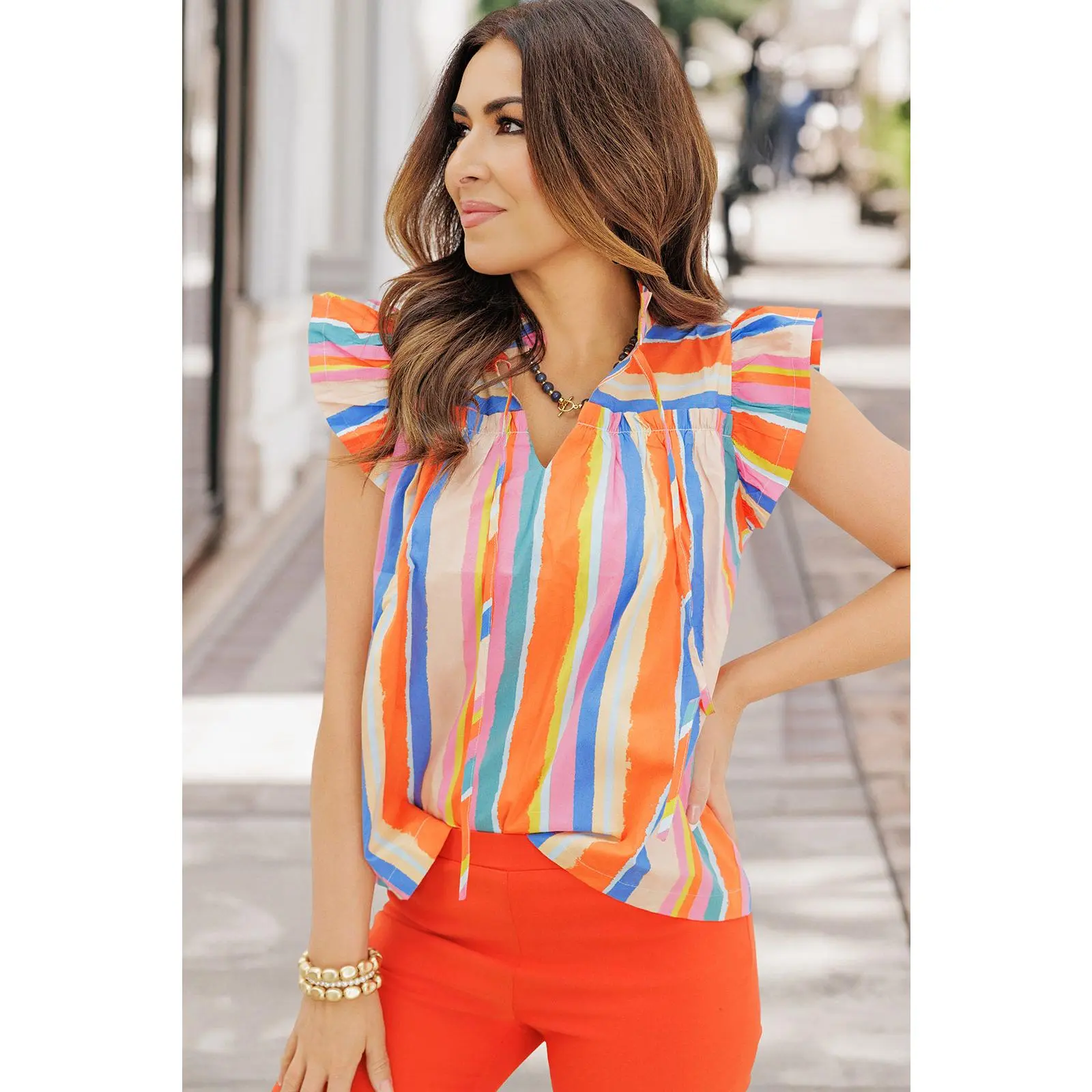 Watercolor Stripes Flutter Trim Blouse - TikTok Shop
