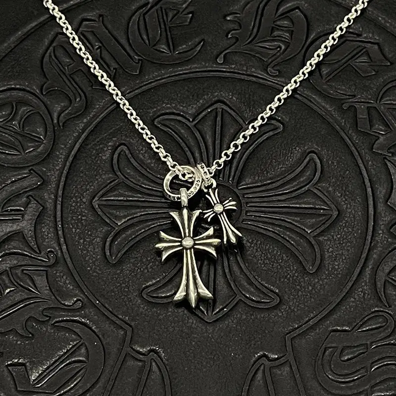 Vintage Thai Silver Double Cross Sweater Chain | Premium Retro Long Necklace Unisex Jewelry
