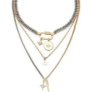 Gold Layered stacked Necklaces for women 3PS Chunky Statement Necklaces Stack Mixed Metal Charm Necklace for Women Trendy Coin Jewelry Gift for Her Gifts