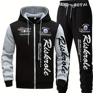 Men's hooded letter printed sportswear set, 2-piece casual sportswear set, fashionable hooded sweatshirt with full zipper and elastic waist pants, regular style, outdoor wear