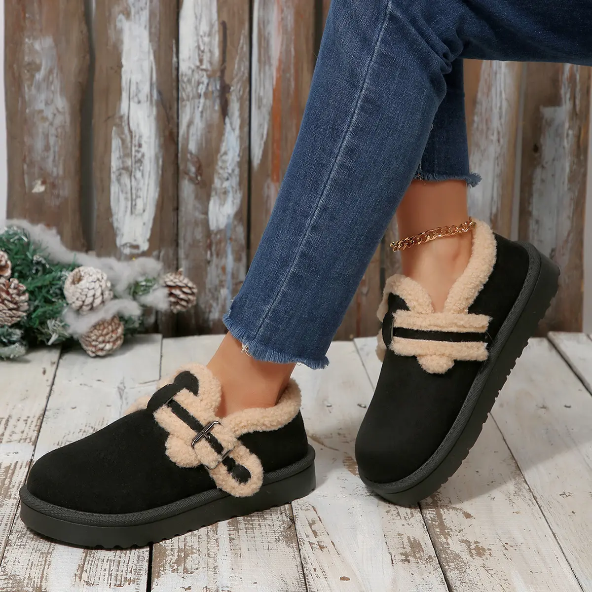 Stylish Plush Lined Loafers for Women Buckle Detail Thick Sole Indoor Outdoor Shoes Warm Winter Footwear