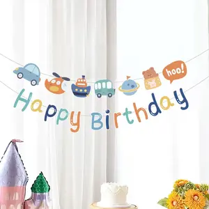 2pcs Cartoon Birthday Banner Decoration Set, Car Bear Truck Patterns, Colorful Paper Party Decor, Indoor Outdoor Use, Easy to Hang