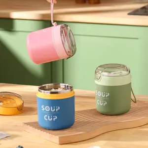 SOUP CUP 18Oz Stainless Steel Mini Breakfast Cup Insulated Lunch Box with Foldable Spoon Portable Large Mouth Jar for Overnight Oatmeal Compact Milkshake Cup for Hot Cold Milk Soup Reusable Round Metal Mug with Flip Top Lid Drinkware Bottled Tumbler