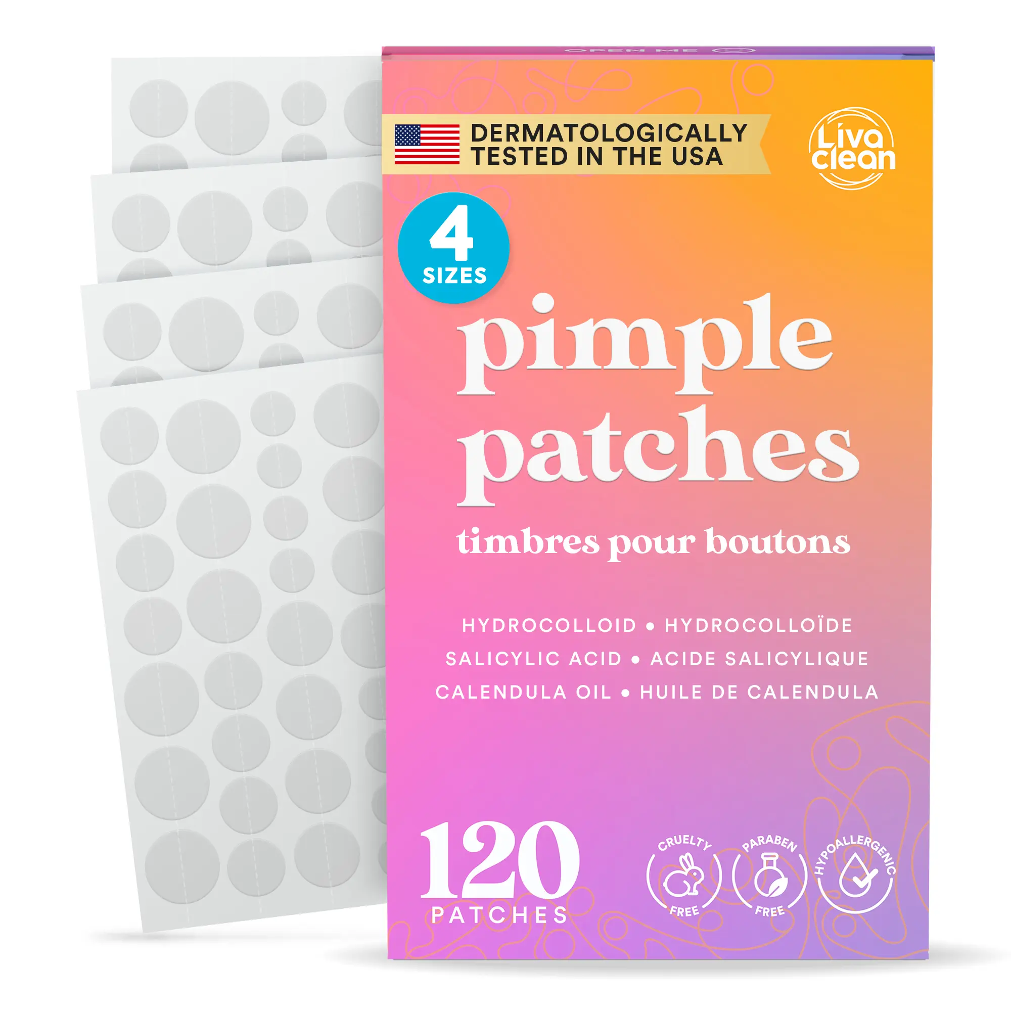 LivaClean 120ct Circle Pimple Patches - 4 Sizes Dermatologically Tested in USA Hydrocolloid Salicylic Acid Calendula Oil Pack Acne Soothing Skin Repair Oil Control Skin Care