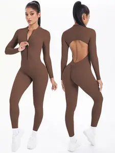 Women's Solid Color Long Sleeve Shorts Romper, Tight-Fitting Gym Jumpsuit, Casual Fitness, One Piece Athletic Wear, Sportswear Jumpsuits
