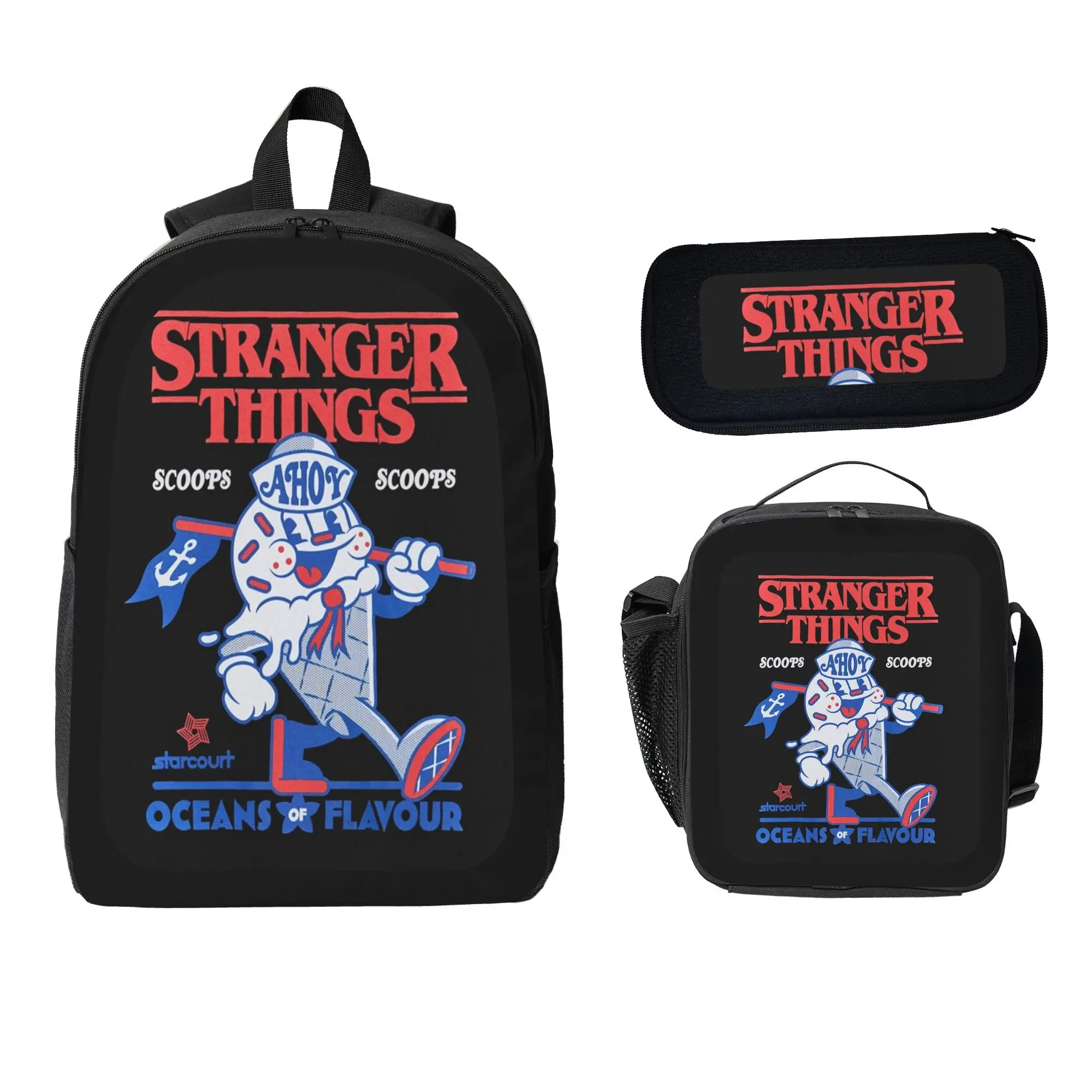 Stranger Things Cartoon Backpack 3-Piece Set, Student Backpack, Pencil Case, Lunch Bag Combination, Cute Cartoon Design, Valentine's Day Gift for Anime Fans
