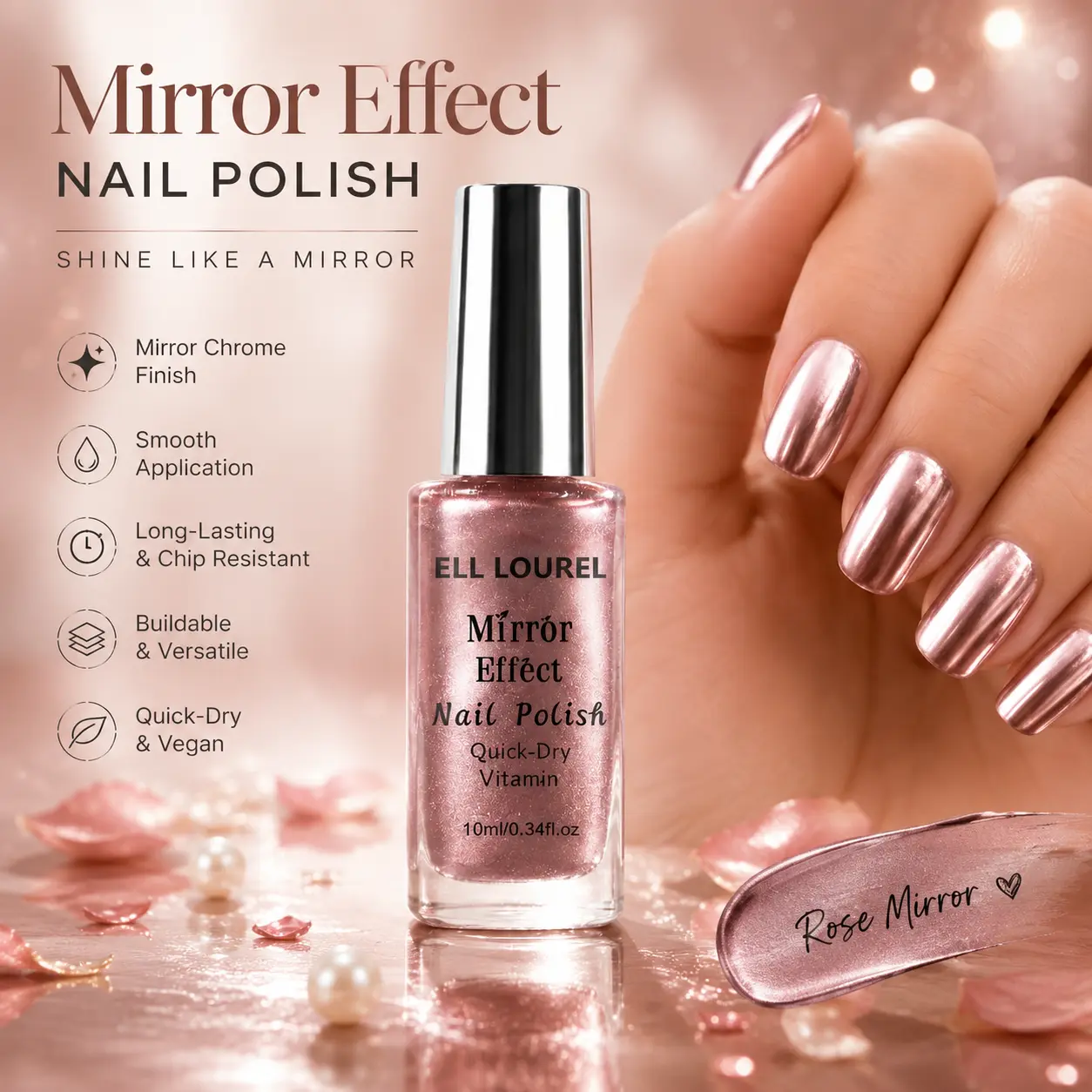 ELL LOURED Mirror Effect Metallic Rose Gold Nail Polish - No UV Lamp, Alcohol-Free, High-Shine, Quick-Dry, Vitamin-Infused, Elegant Luxury Style for Daily Wear, Date Night